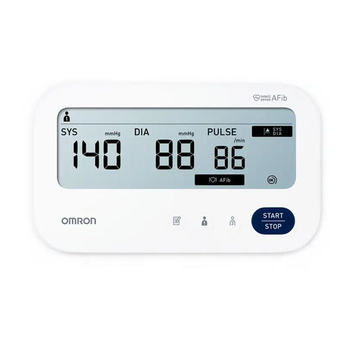 Omron M3 Comfort AFib blodtrycksmätare framsida och display