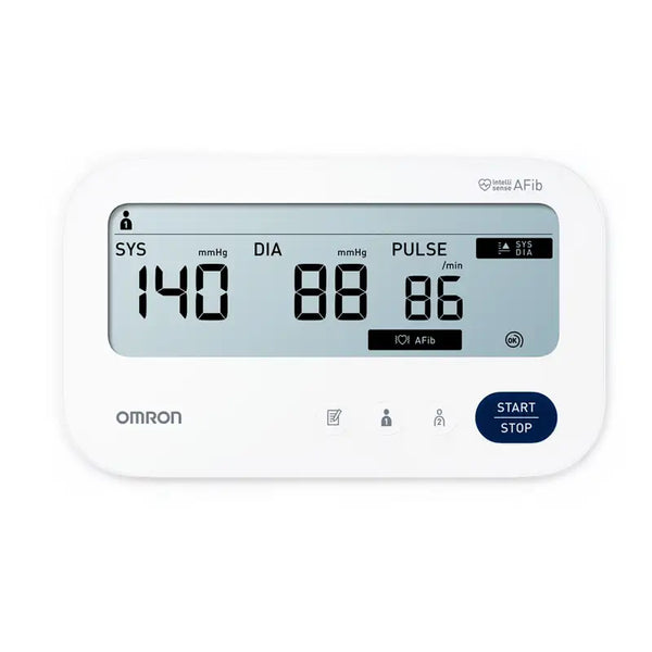 Omron M3 Comfort AFib blodtrycksmätare framsida och display